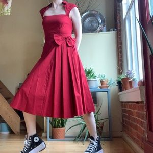 Vintage 50's Red Fit & Flare Cotton Dress w/ Square Neckline Bow Circle Skirt